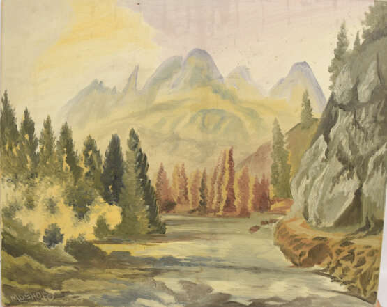 BEZ. MUSHOFF, Berglandschaft mit Fluss, Acryl auf Leinwand, 20. Jahrhundert - photo 1