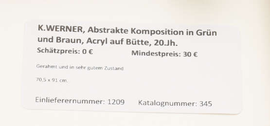 K.WERNER, Abstrakte Komposition in Grün und Braun, Acryl auf Bütte, 20. Jahrhundert - Foto 3