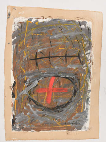 UNBKANNTER KÜNSTLER, Abstraktion mit rotem Kreuz, signiert mit Tapies, 20. Jahrhundert - Foto 1