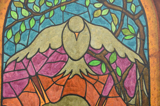 ALBERTO DE PIETRI, "Buntglasfenster mit Vogel", Mischtechnik auf Leinwand, Mitte 20. Jahrhundert - Foto 4