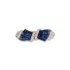 MID 20TH CENTURY SAPPHIRE AND DIAMOND DOUBLE CLIP BOW BROOCH