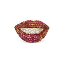 HENRYK KASTON FOR SALVADOR DALI CULTURED PEARL AND RUBY LIPS BROOCH