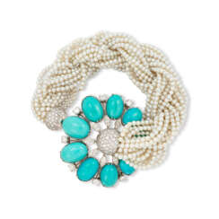 TURQUOISE, DIAMOND AND CULTURED PEARL BRACELET