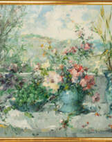 Ingfried Paul Henze-Morró (1925 Leipzig - 2013 Gardasee). Sommerterasse mit Traubenkorb und Blumenbouquet