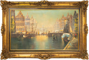 Unbekannter Künstler (20. Jh.). Amsterdamer Hafenszenerie