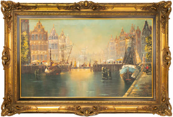 Unbekannter Künstler (20. Jh.). Amsterdamer Hafenszenerie - Foto 1