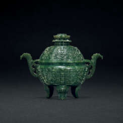 A SUPERB SPINACH-GREEN JADE TRIPOD CENSER AND COVER