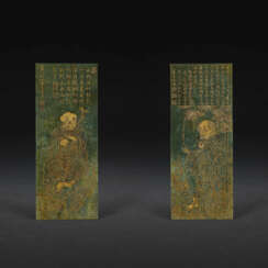 AN INSCRIBED GILT-DECORATED SPINACH-GREEN JADE ‘LUOHAN’ DOUBLE-SIDED PLAQUE