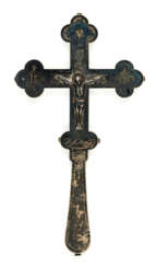 RUSSIAN SILVER BENEDICTION CROSS WITH APPLIQUE CHRIST CORPUS
