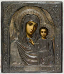 RUSSIAN ICON WITH SILVER OKLAD SHOWING THE MOTHER OF GOD KAZANSKAYA