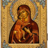 RUSSIAN ICON WITH GILDED OKLAD AND CLOISONNE-ENAMEL SHOWING THE MOTHER OF GOD FEODOROVSKAYA - фото 1
