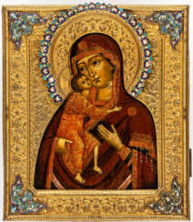 RUSSIAN ICON WITH GILDED OKLAD AND CLOISONNE-ENAMEL SHOWING THE MOTHER OF GOD FEODOROVSKAYA