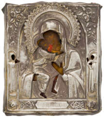 RUSSIAN ICON WITH SILVER OKLAD SHOWING THE MOTHER OF GOD FEODOROVSKAYA
