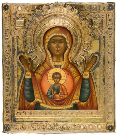 RUSSIAN ICON WITH FIREGILDED SILVER OKLAD SHOWING THE MOTHER OF GOD ZNAMENIE - photo 1