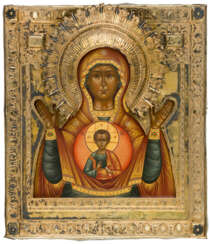 RUSSIAN ICON WITH FIREGILDED SILVER OKLAD SHOWING THE MOTHER OF GOD ZNAMENIE