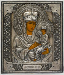 FINELY PAINTED RUSSIAN ICON WITH SILVER OKLAD SHOWING THE MOTHER OF GOD 'THE SURETY OF SINNERS'