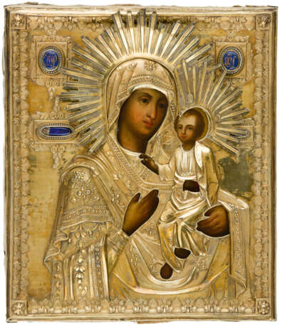 RUSSIAN ICON WITH FIREGILDED SILVER OKLAD SHOWING THE MOTHER OF GOD IVERSKAYA - photo 1