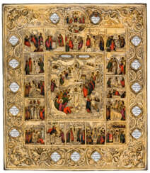 FINELY PAINTED RUSSIAN ICON WITH FIREGILDED SILVEROKLAD SHOWING THE FEASTDAYS OF THE ORTHODOX CHURCH YEAR