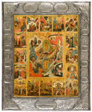 VERY FINELY PAINTED RUSSIAN ICON WITH AMAZING SILVER PLATED BASMA SHOWING THE FEASTDAYS - Foto 1