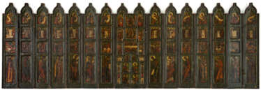 15-PART RUSSIAN TRAVEL ICONOSTASIS SHOWING THE MOTHER OF GOD, SAINTS AND CHURCH FEASTS