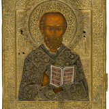 RUSSIAN ICON WITH SOLID GILDED BRASS OKLAD AND SILVER FILIGREE WORK SHOWING ST. NICHOLAS - photo 1