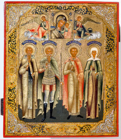 VERY RARE AND FINELY PAINTED RUSSIAN ICON SHOWING THE WORSHIP OF THE MOTHER OF GOD KAZANSKAYA AND SAINTS - photo 1