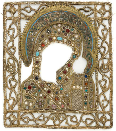 EMBROIDERED OKLAD WITH COLORED BRASS NIMBUS FOR AN ICON OF THE MOTHER OF GOD KAZANSKAYA - фото 1