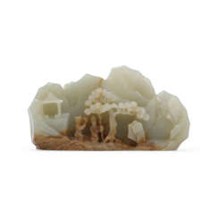 A SMALL CELADON JADE ‘SCHOLAR AND DEER’ MOUNTAIN 