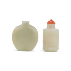 A WHITE JADE CYLINDRICAL SNUFF BOTTLE AND AN IMPERIALLY INSCRIBED GREENISH-WHITE JADE SNUFF BOTTLE