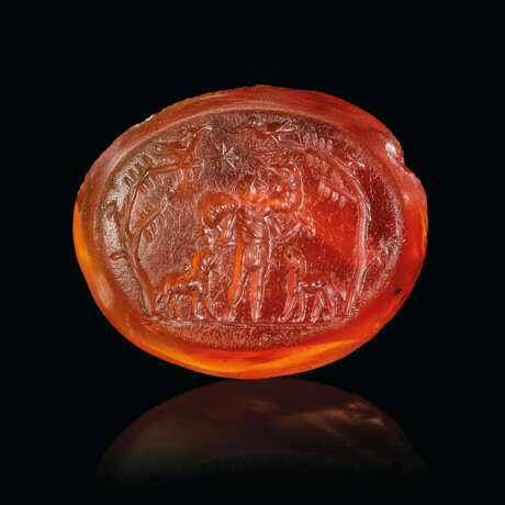 A ROMAN CARNELIAN RINGSTONE WITH THE GOOD SHEPARD CARRYING A LAMB - photo 1