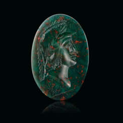 A ROMAN BLOODSTONE RINGSTONE WITH THE HELMETED HEAD OF ATHENA