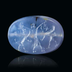 A GRECO-PERSIAN BLUE CHALCEDONY SCARABOID OF A HERO WITH LION-GRIFFIN