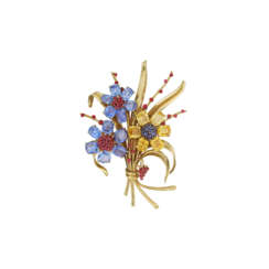 VAN CLEEF &amp; ARPELS RETRO SAPPHIRE, COLORED SAPPHIRE AND RUBY &#39;BOUQUET&#39; BROOCH