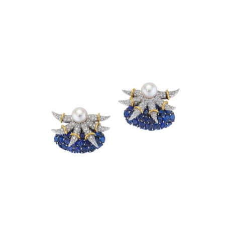TIFFANY & CO., JEAN SCHLUMBERGER SAPPHIRE, DIAMOND AND CULTURED PEARL EARRINGS - Foto 1