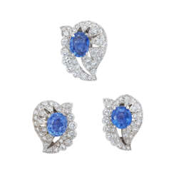CARTIER THREE SAPPHIRE AND DIAMOND CLIP-BROOCHES