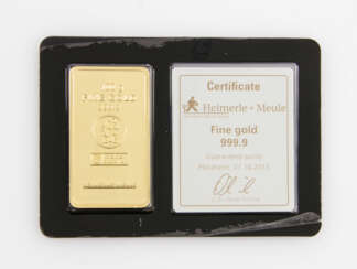 1 Goldbarren - 100g GOLDbarren, geprägt, Hersteller Heimerle + Meule