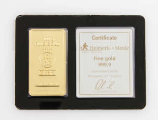 1 Goldbarren - 100g GOLDbarren, geprägt, Hersteller Heimerle + Meule