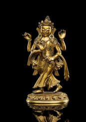 Seltene feuervergoldete Bronze einer vierarmigen Opfergöttin