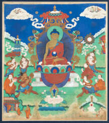 Seltener Satz von sieben Malereien mit Darstellungen zum Leben von Buddha