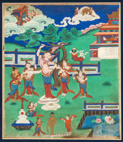 Seltener Satz von sieben Malereien mit Darstellungen zum Leben von Buddha - фото 7