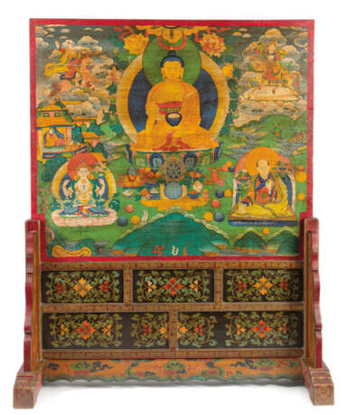 Großer Stellschirm aus Holz mit polychrom gemalter Darstellung des Buddha Shakyamuni - фото 1