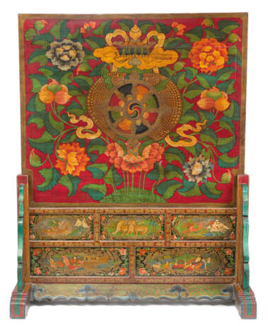 Großer Stellschirm aus Holz mit polychrom gemalter Darstellung des Buddha Shakyamuni - Foto 2