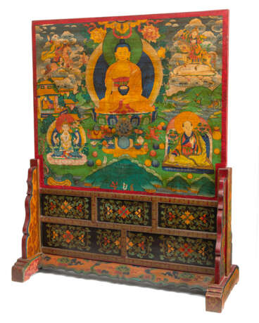 Großer Stellschirm aus Holz mit polychrom gemalter Darstellung des Buddha Shakyamuni - photo 3