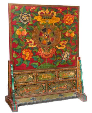 Großer Stellschirm aus Holz mit polychrom gemalter Darstellung des Buddha Shakyamuni - photo 4