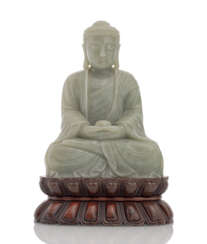 Figur des sitzenden Buddha aus hellgrüner Jade, in den Händen einen Lotosschale haltend