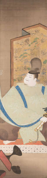 Zwei Hängerollen: Prinz Genji mit Schwert bzw. hölzerner Schöpfeimer mit Windenblüte. Tusche und Farben auf Seide - фото 1
