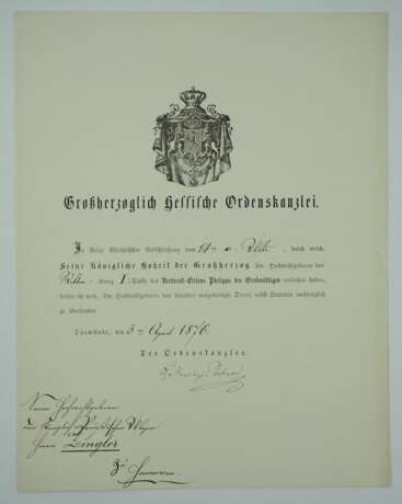 Hessen : Orden Philipps des Großmütigen, Ritterkreuz 1. Klasse Urkunde. - Foto 1