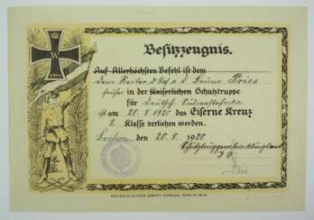 Preussen : Eisernes Kreuz, 1914, 2. Klasse Urkunde für einen Reiter der Schutztruppe für Deutsch-Südwestafrika.