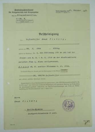 Preussen : Eisernes Kreuz, 1914, 2. Klasse Bescheinigung für einen Luftschiffer im Ballonzug 125. - photo 1