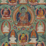 Thangka mit Darstellung der acht Buddhas der Medizin umgeben von acht Stupas - Foto 1